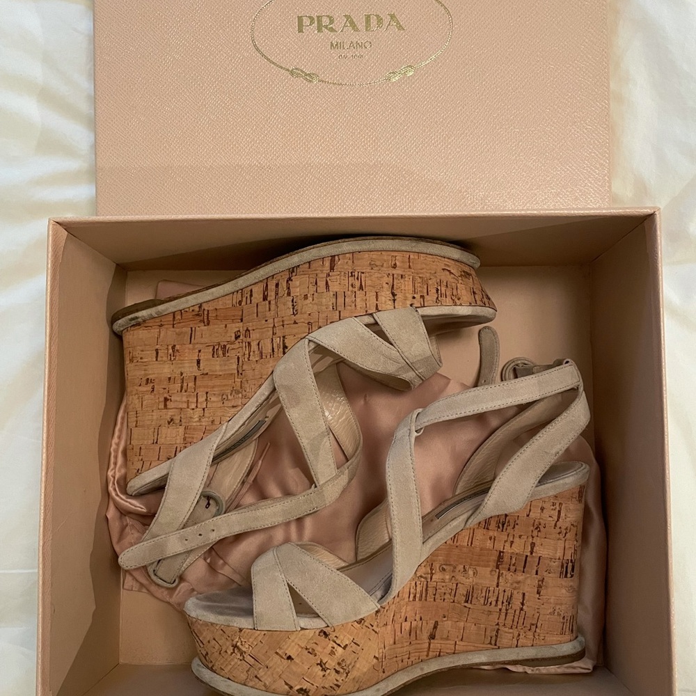 Prada Nude Suede Platform Wedges in Box